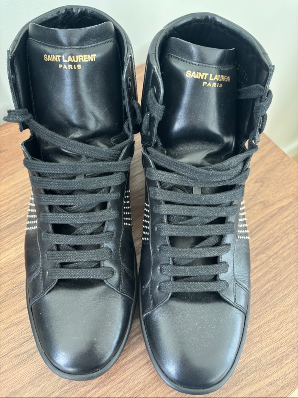 Authentic Saint Laurent Black Leather High-Top Sneakers with Silver Stud Panels